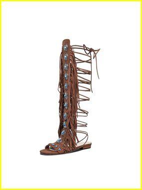 Knee-High Fringe Gladiator Sandals Flat Lace-Up Boho